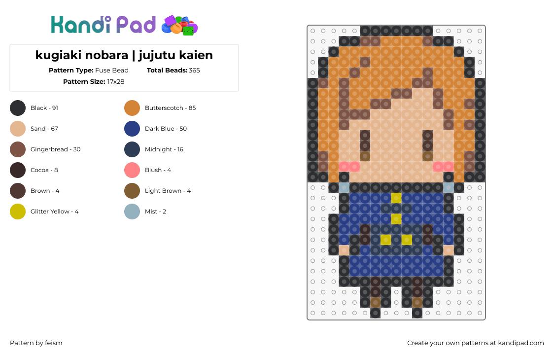 kugisaki nobara | jujutsu kaisen - Fuse Bead Pattern by feism on Kandi Pad - kugisaki nobara,jujutsu kaisen,character,chibi,anime,tv show,blue,tan,orange