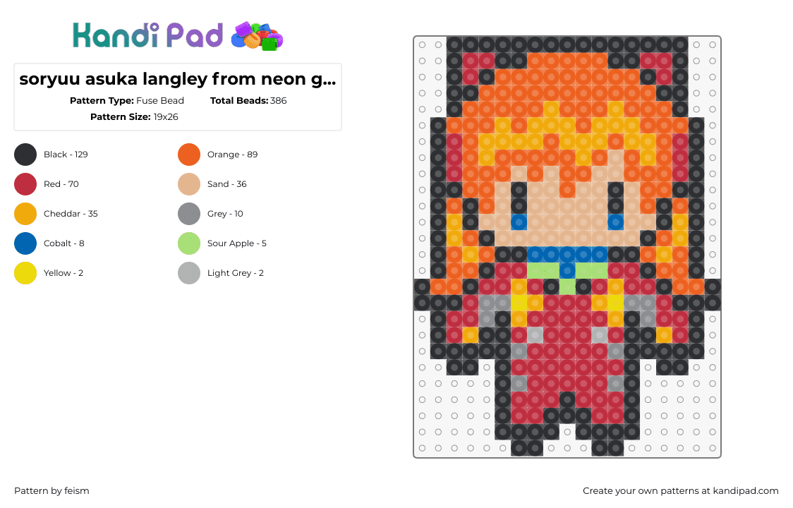 soryuu asuka langley | neon genesis evangelion - Fuse Bead Pattern by feism on Kandi Pad - asuka langley soryu,neon genesis evangelion,character,chibi,anime,tv show,fiery,orange,red