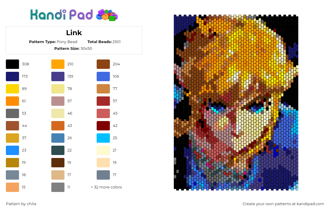 Link - Pony Bead Pattern by chita on Kandi Pad - link,legend of zelda,character,portrait,video game,panel,blonde,yellow,blue