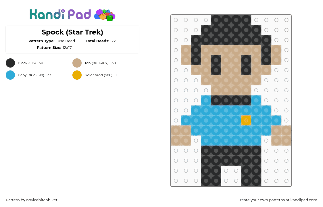 Spock (Star Trek) - Fuse Bead Pattern by novicehitchhiker on Kandi Pad - beige,light blue,startrek,spock,scifi,vulcan