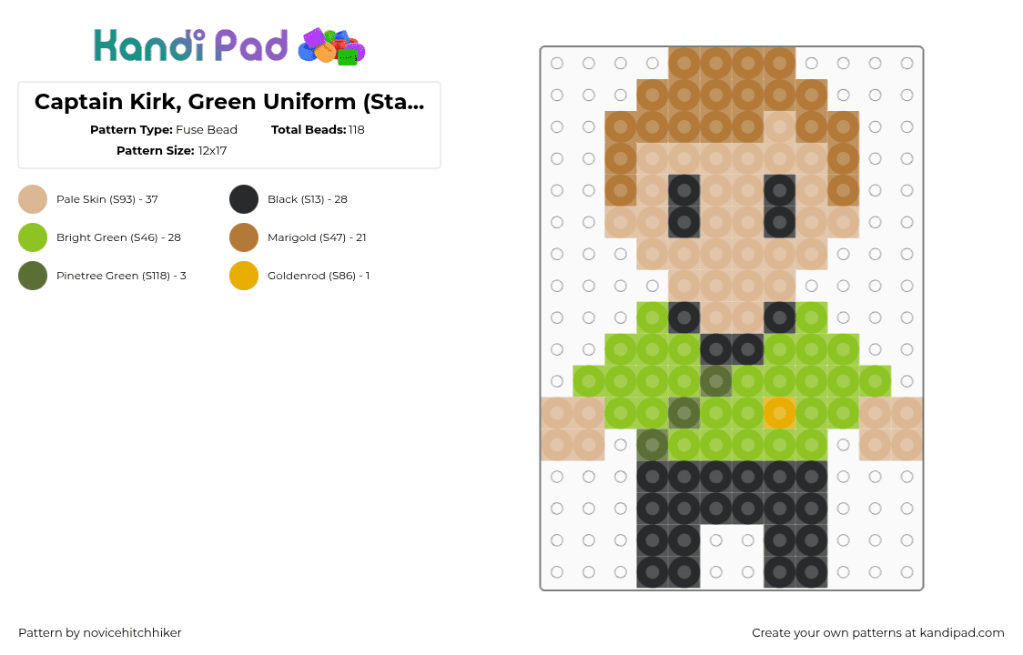 Captain Kirk, Green Uniform (Star Trek) - Fuse Bead Pattern by novicehitchhiker on Kandi Pad - beige,tan,green,star trek,scifi,kirk,captain kirk,green uniform,james tiberius kirk,trekkie