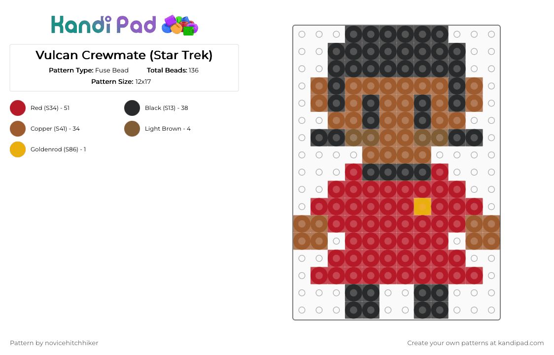 Vulcan Crewmate (Star Trek) - Fuse Bead Pattern by novicehitchhiker on Kandi Pad - tan,red,star trek,vulcan,sci fi,chibi,character