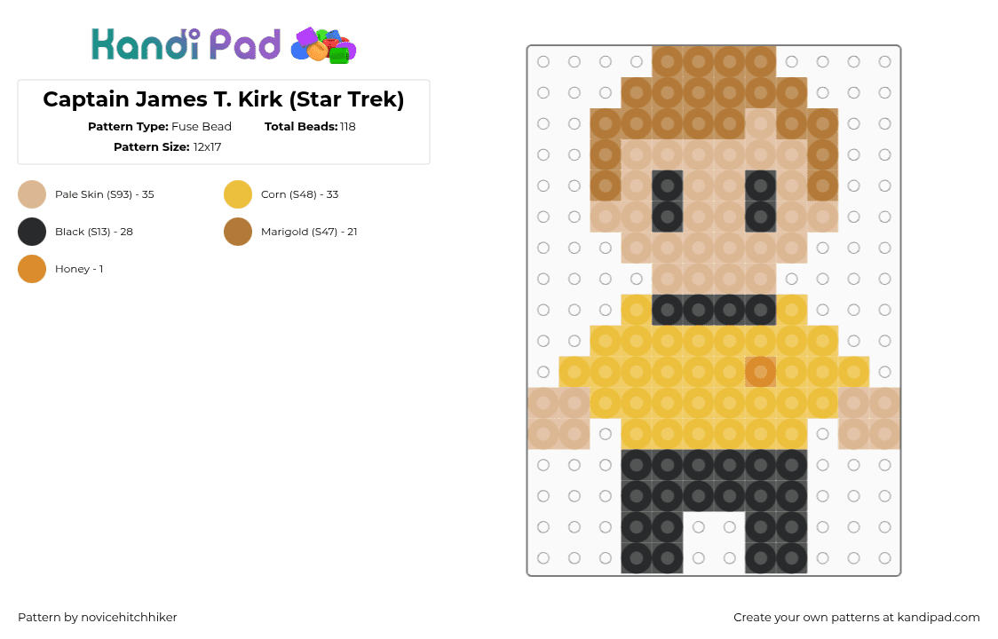 Captain James T. Kirk (Star Trek) - Fuse Bead Pattern by novicehitchhiker on Kandi Pad - beige,yellow,kirk,star trek,captain kirk,scifi,captain