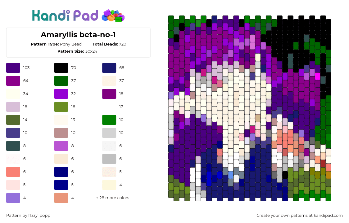 Amaryllis beta-no-1 - Pony Bead Pattern by f1zzy_popp on Kandi Pad - amaryllis,high guardian spice,panel,tv show cartoon,purple,beige,blue,green