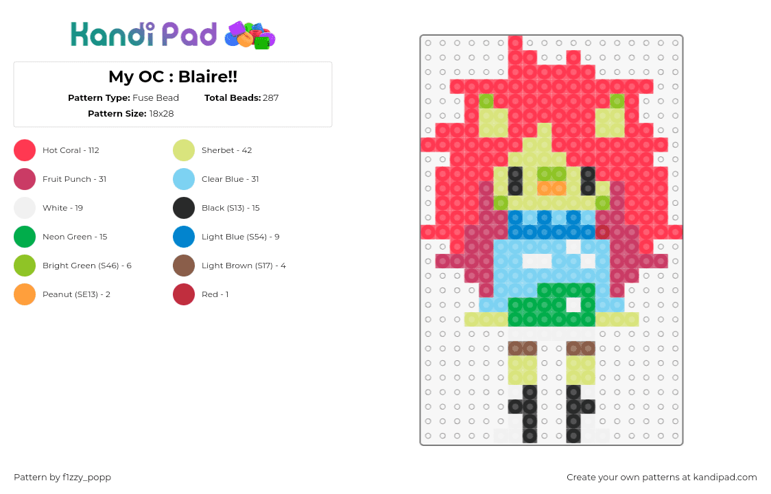 My OC : Blaire!! - Fuse Bead Pattern by f1zzy_popp on Kandi Pad - blaire,character,pink,green,light blue