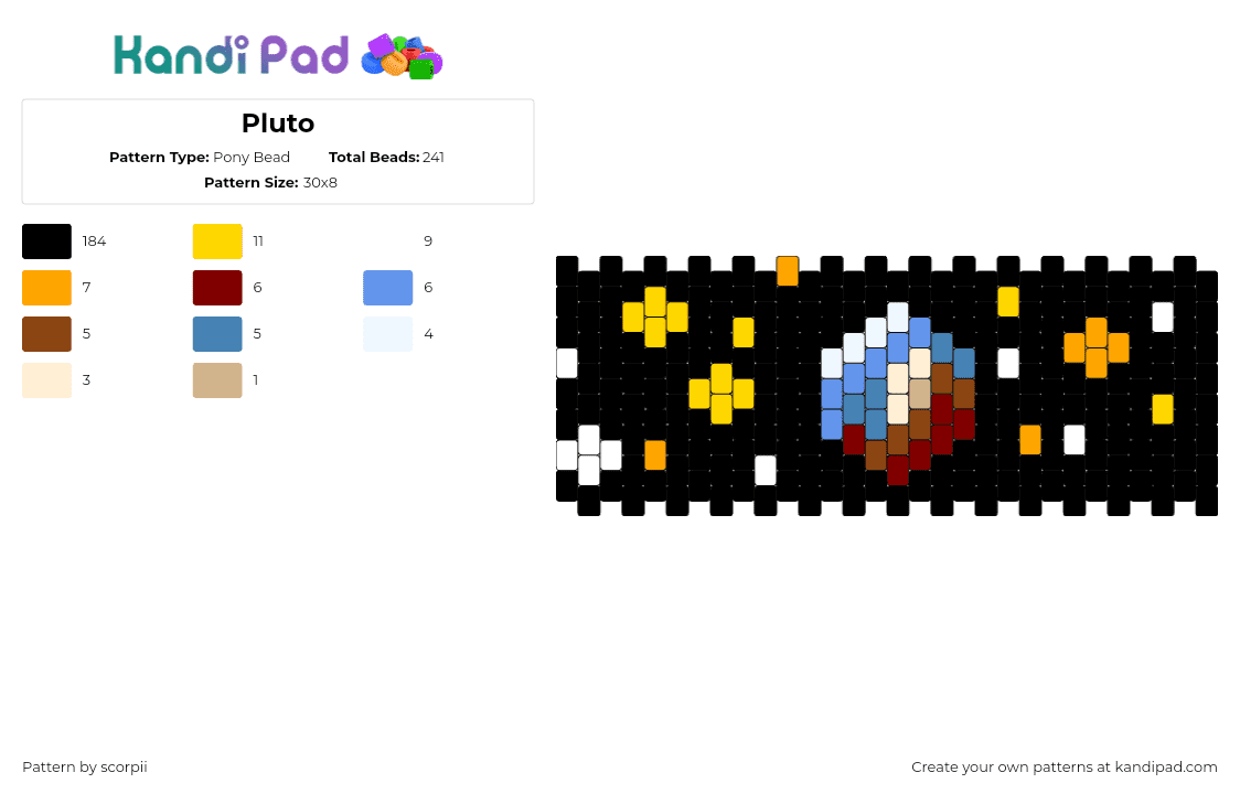 Pluto - Pony Bead Pattern by scorpii on Kandi Pad - pluto,planet,space,stars,cuff,dark,black,yellow,blue