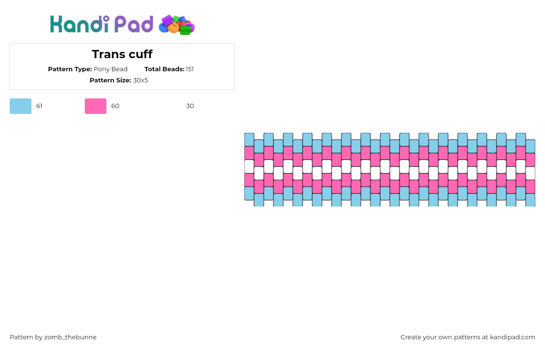 Trans cuff - Pony Bead Pattern by zomb_thebunne on Kandi Pad - trans,pride,cuff,community,light blue,pink