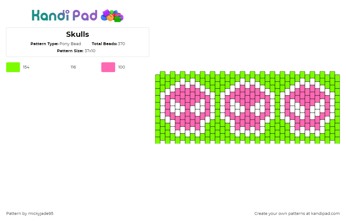 Skulls - Pony Bead Pattern by mickyjade95 on Kandi Pad - skulls,spooky,halloween,neon,cuff,pink,green