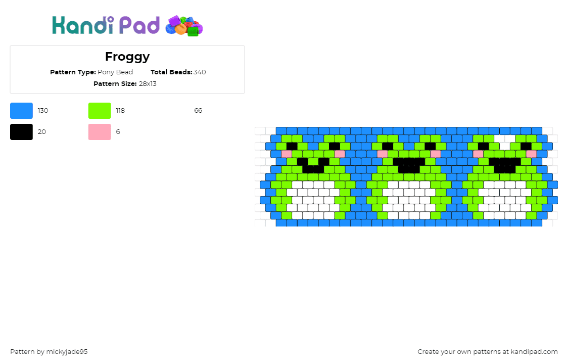 Froggy - Pony Bead Pattern by mickyjade95 on Kandi Pad - frogs,amphibian,squishmallow,cute,smile,cuff,blue,green,white