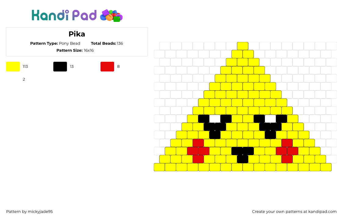 Pika - Pony Bead Pattern by mickyjade95 on Kandi Pad - pikachu,triangle,geometric,pyramid,pokemon,face,gaming,yellow