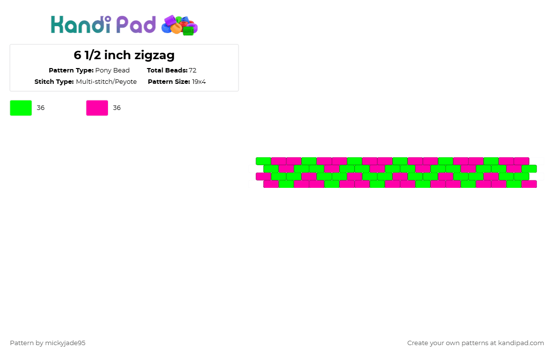 6 1/2 inch zigzag - Pony Bead Pattern by mickyjade95 on Kandi Pad - green,pink