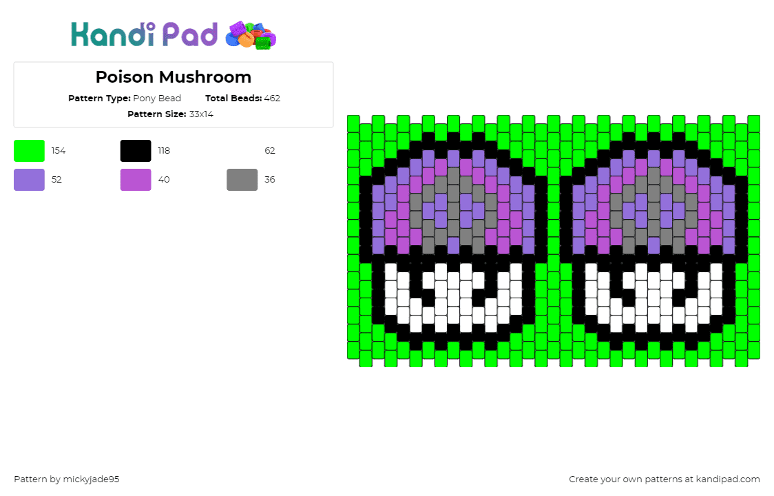 Poison Mushroom - Pony Bead Pattern by mickyjade95 on Kandi Pad - mushroom,poison,spooky,panel,cuff,green,white,purple