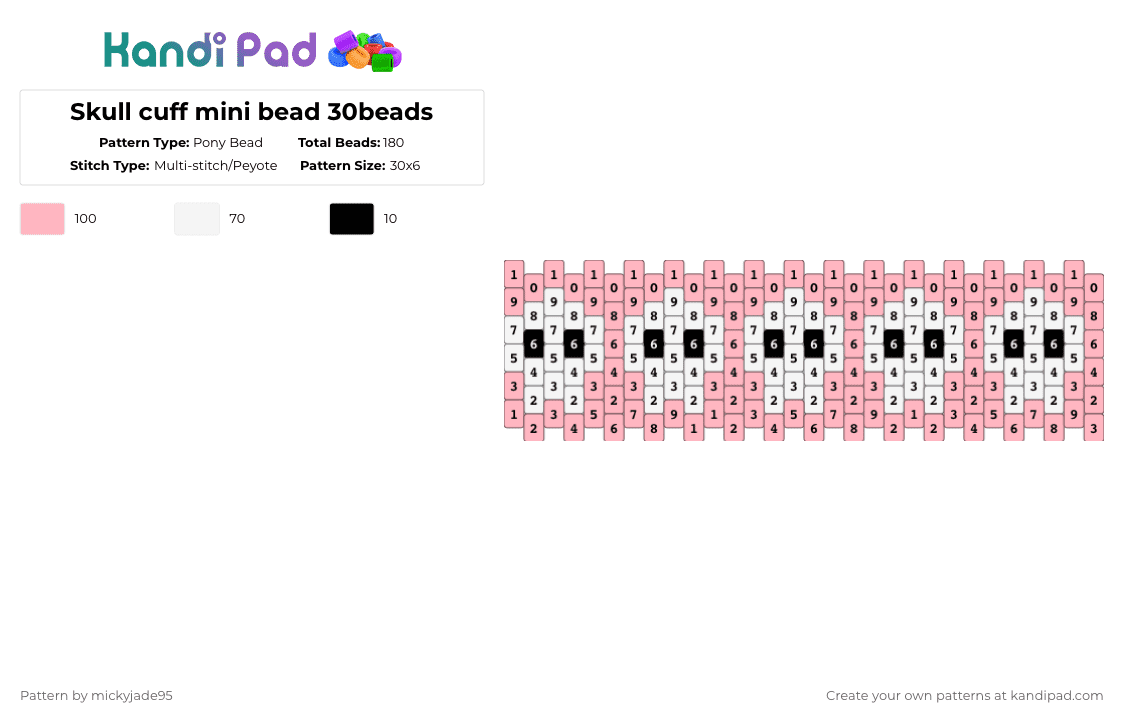 Skull cuff mini bead 30beads - Pony Bead Pattern by mickyjade95 on Kandi Pad - white,pink