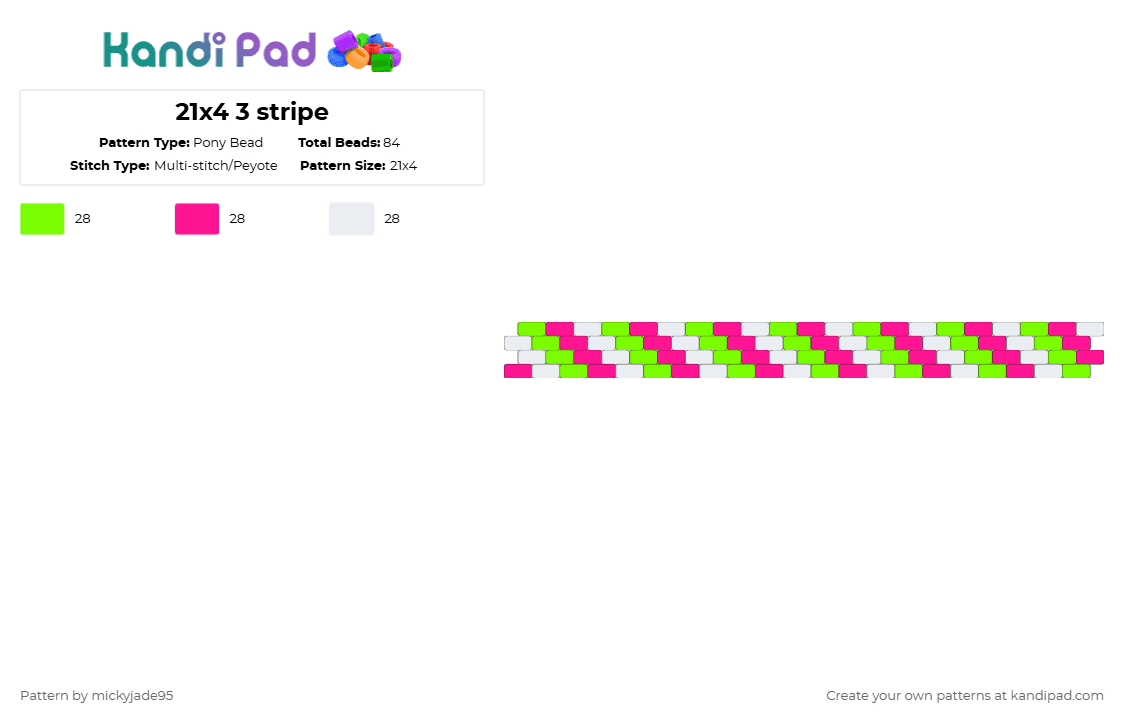 21x4 3 stripe - Pony Bead Pattern by mickyjade95 on Kandi Pad - green,pink