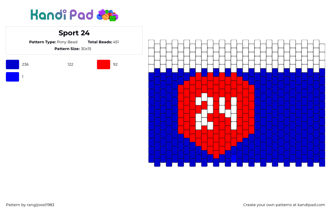 Sport 24 - Pony Bead Pattern by rangijoost1983 on Kandi Pad - sport 24,number,television,tv,sports,blue,red,white