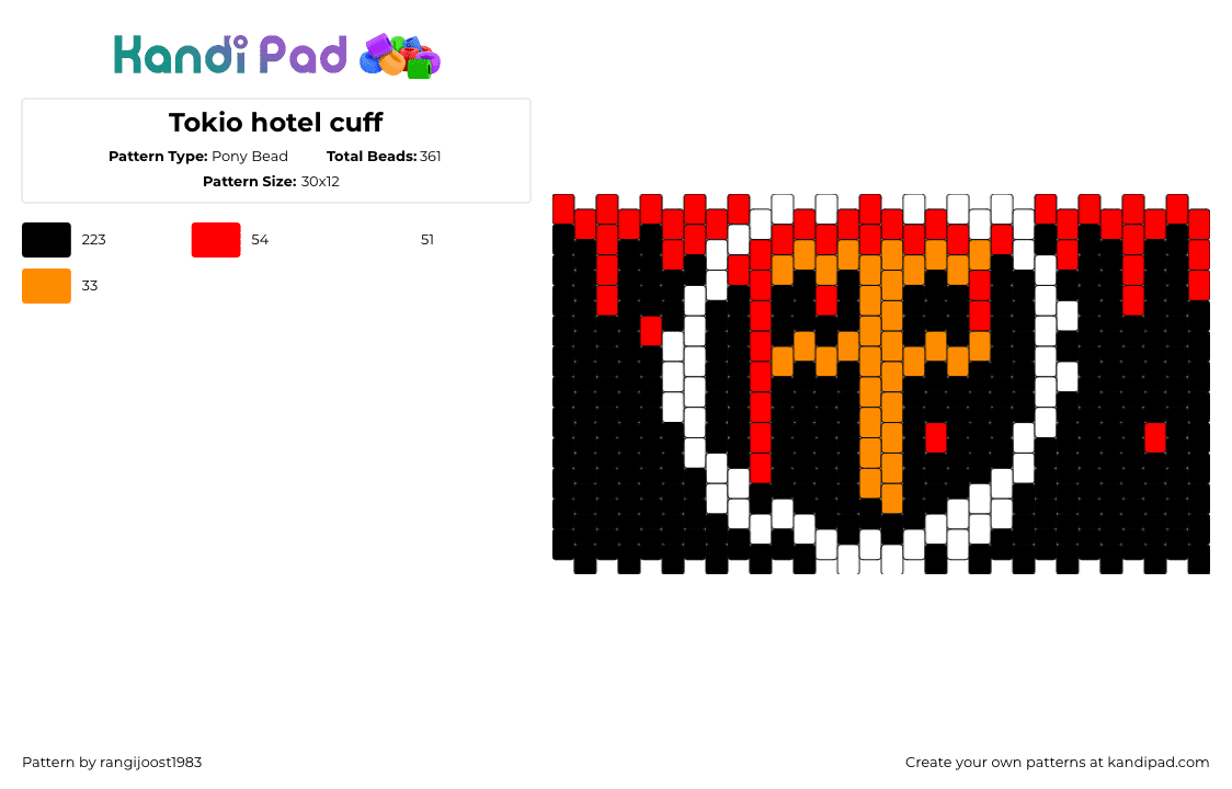 Tokio hotel cuff - Pony Bead Pattern by rangijoost1983 on Kandi Pad - tokio hotel,logo,cuff,music,band,blood,drip,dark,black,orange,red