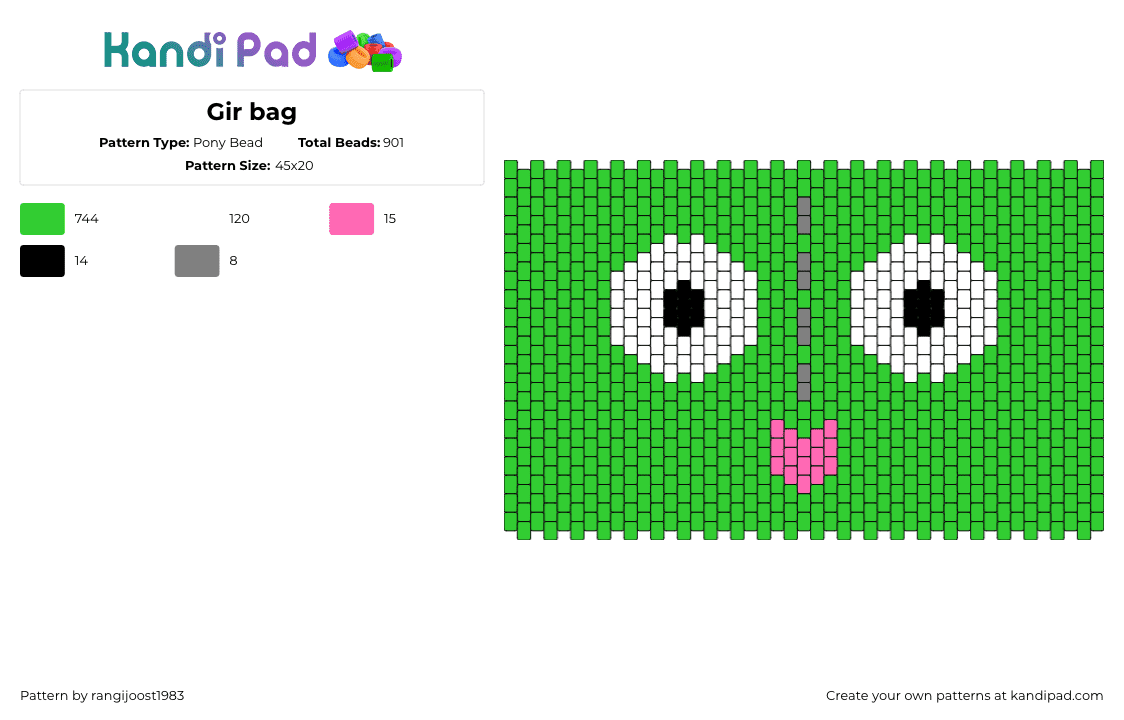 Gir bag - Pony Bead Pattern by rangijoost1983 on Kandi Pad - gir,invader,zim,panel,bag,eyes,tongue,cartoon,tv show,green,white