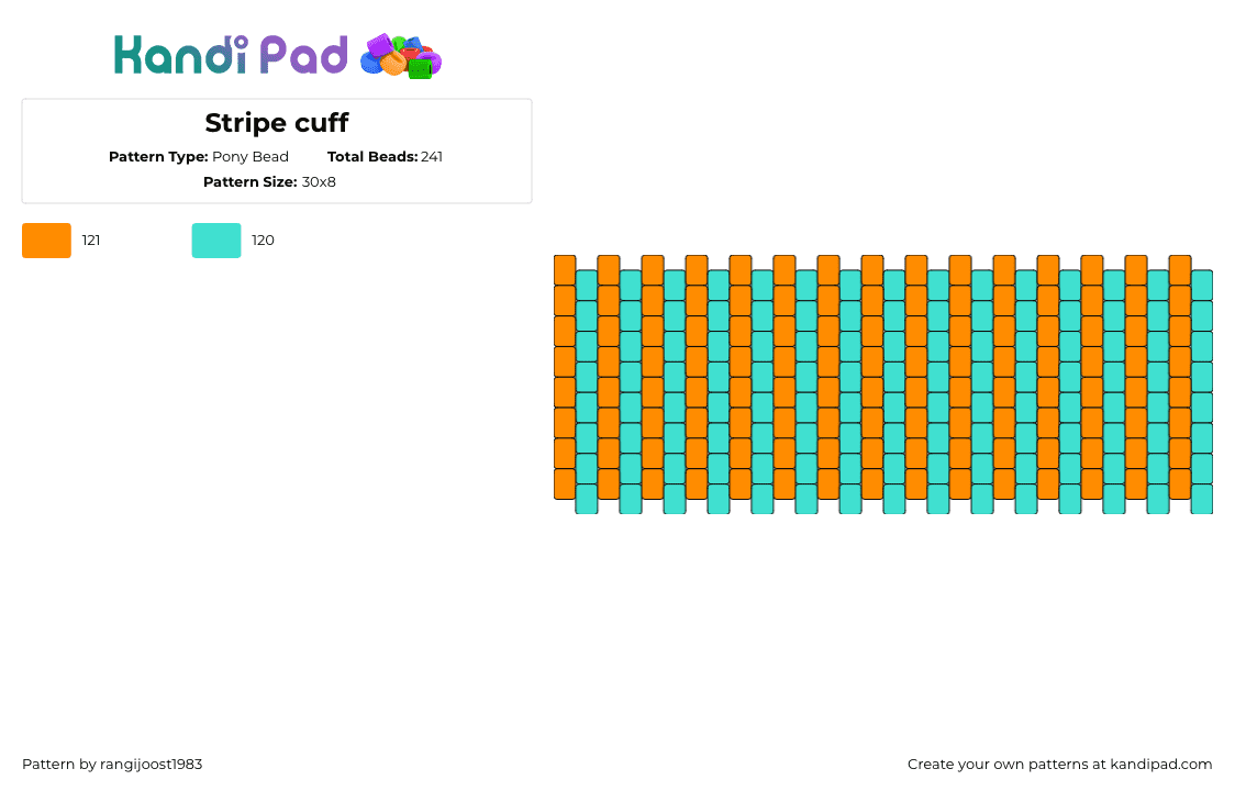 Stripe cuff - Pony Bead Pattern by rangijoost1983 on Kandi Pad - vertical,stripes,bright,summer,cuff,teal,orange