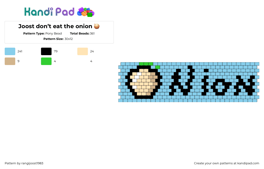 Joost don’t eat the onion  - Pony Bead Pattern by rangijoost1983 on Kandi Pad - onion,text,joost,cuff,food,blue,beige