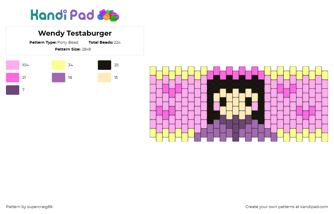 Wendy Testaburger - Pony Bead Pattern by supercraig69 on Kandi Pad - wendy testaburger,south park,character,hearts,animation,tv show,purple,pink