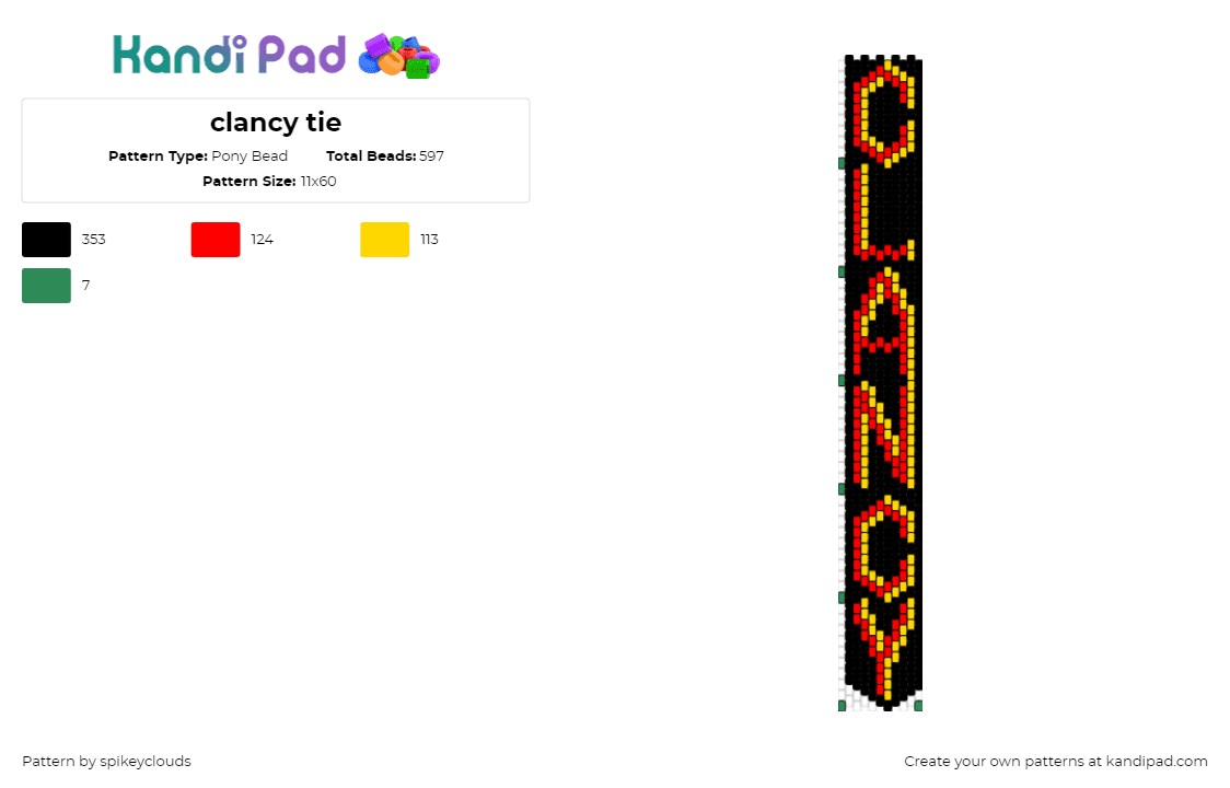 clancy tie - Pony Bead Pattern by spikeyclouds on Kandi Pad - clancy,tie,twenty one pilots,clothing,album,music,band,text,red,yellow,black