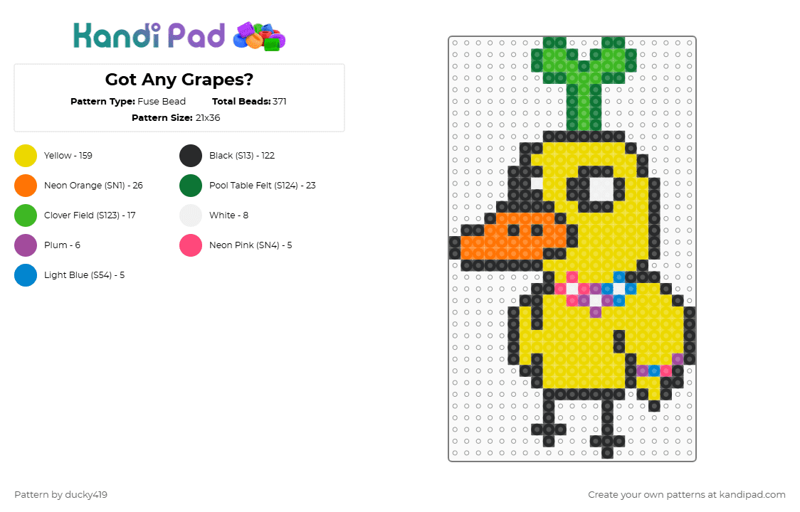 Got Any Grapes? - Fuse Bead Pattern by ducky419 on Kandi Pad - duck,meme,video,grape,fruit,animal,food,green,yellow