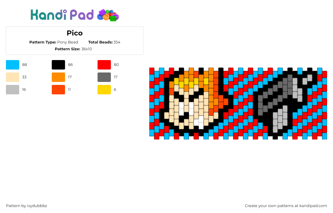 Pico - Pony Bead Pattern by ivydubbbz on Kandi Pad - pico,newgrounds,gun,diagonal,stripes,cuff,animation,red,blue,gray,orange