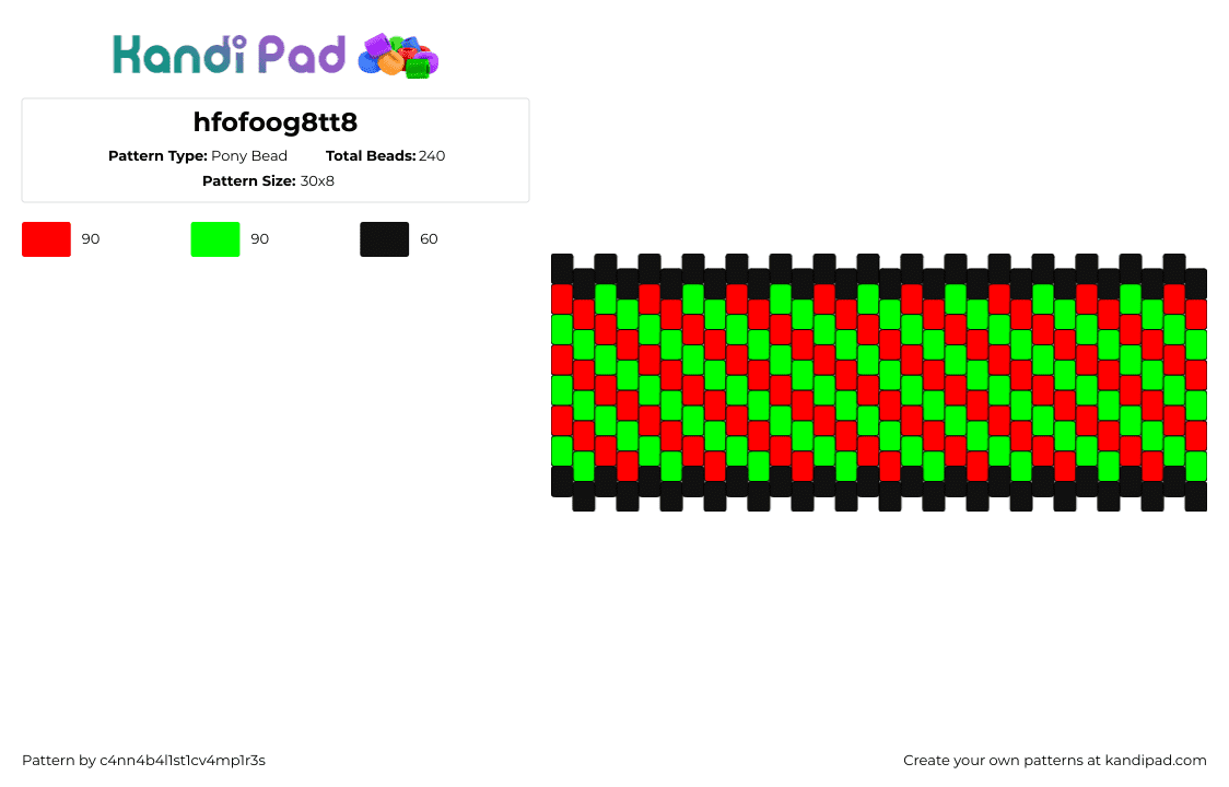 hfofoog8tt8 - Pony Bead Pattern by c4nn4b4l1st1cv4mp1r3s on Kandi Pad - neon,bright,diagonal,stripes,cuff,festive,red,green