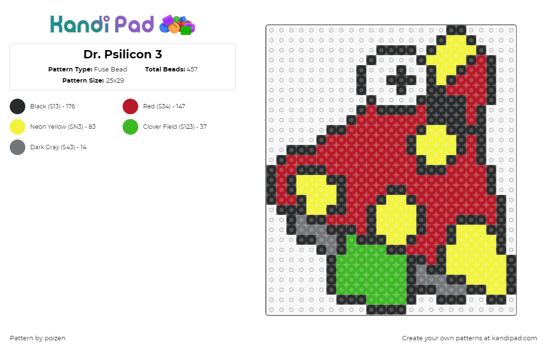 Dr. Psilicon 3 - Fuse Bead Pattern by poizen on Kandi Pad - dr psilicon,mushroom,dj,dubstep,music,yellow,red,green