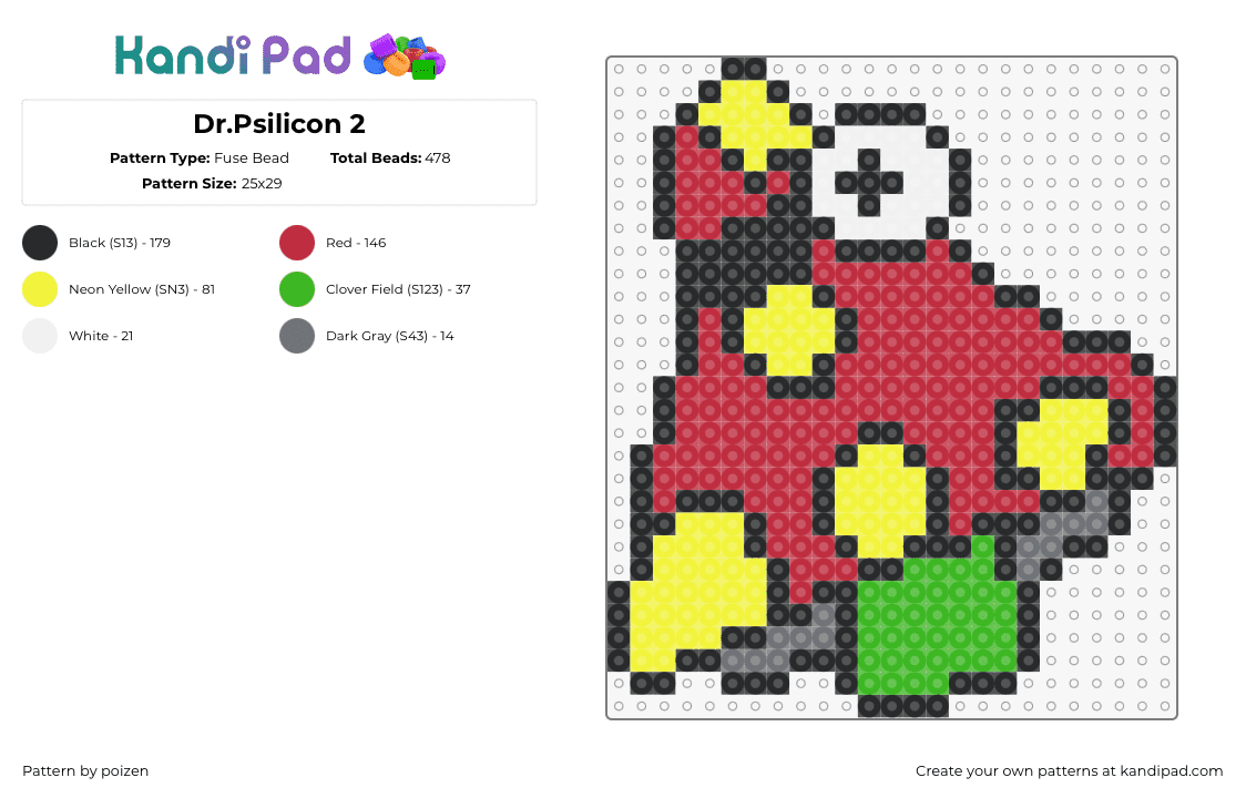 Dr.Psilicon 2 - Fuse Bead Pattern by poizen on Kandi Pad - dr psilicon,mushroom,dj,dubstep,music,yellow,red,green