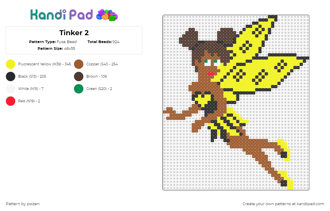 Tinker 2 - Fuse Bead Pattern by poizen on Kandi Pad - tinkerbell,fairy,peter pan,character,winged,fantasy,disney,story,brown,yellow