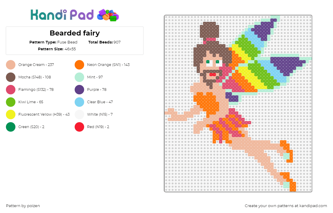 Bearded fairy - Fuse Bead Pattern by poizen on Kandi Pad - fairy,tinkerbell,beard,colorful,winged,orange,tan,brown