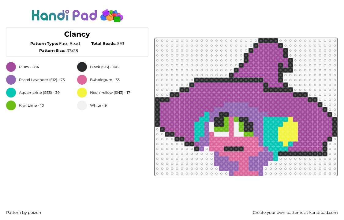 Clancy - Fuse Bead Pattern by poizen on Kandi Pad - clancy gilroy,the midnight gospel,character,hat,cartoon,tv show,purple,teal