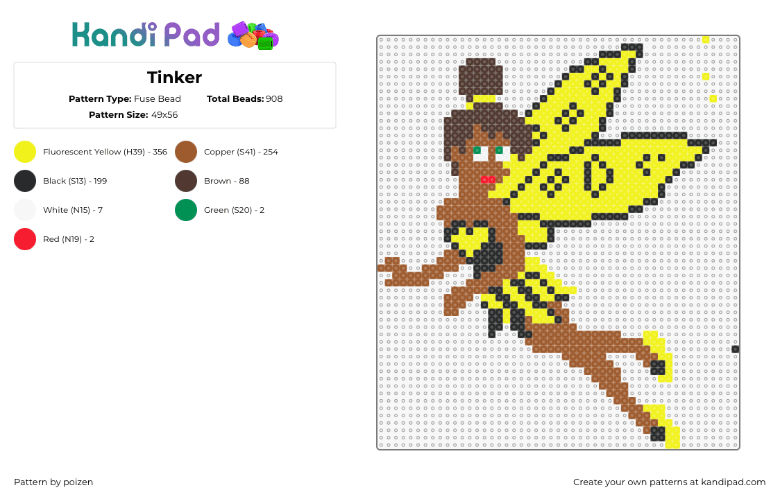 Tinker - Fuse Bead Pattern by poizen on Kandi Pad - tinkerbell,fairy,peter pan,character,winged,fantasy,disney,story,brown,yellow