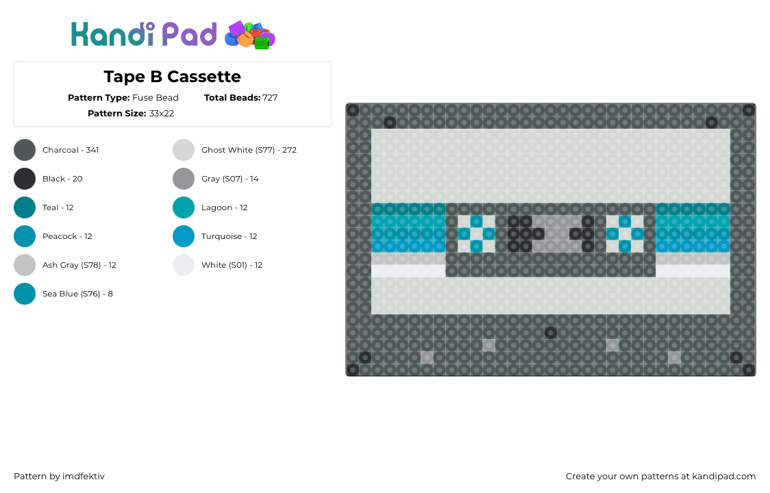 Tape B Cassette - Fuse Bead Pattern by imdfektiv on Kandi Pad - tape b,cassette,music,dj,retro,gray,purple,teal
