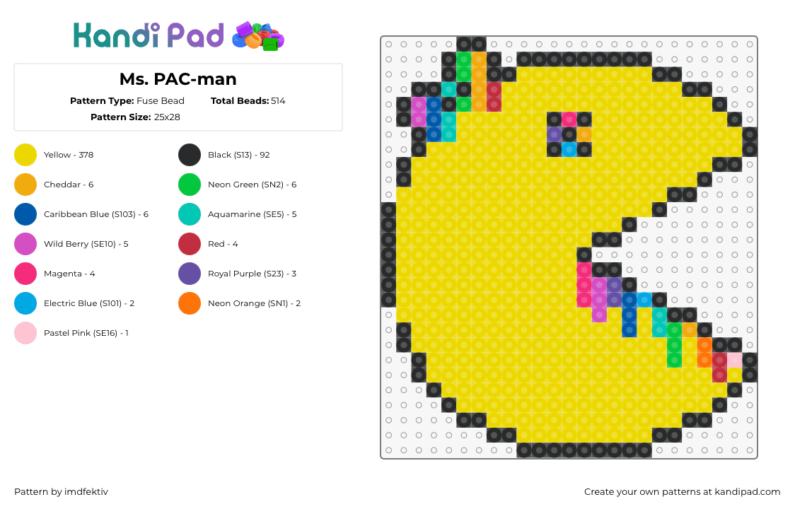 Ms. PAC-man - Fuse Bead Pattern by imdfektiv on Kandi Pad - ms pacman,trippy,retro,video game,character,rainbow,yellow