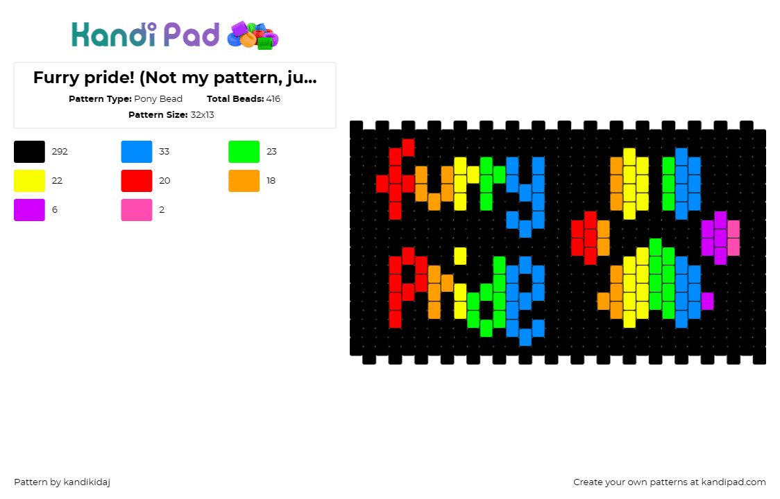 Furry pride! (Not my pattern, just made for my size) - Pony Bead Pattern by kandikidaj on Kandi Pad - furry,pride,paw,rainbow,animal,cuff