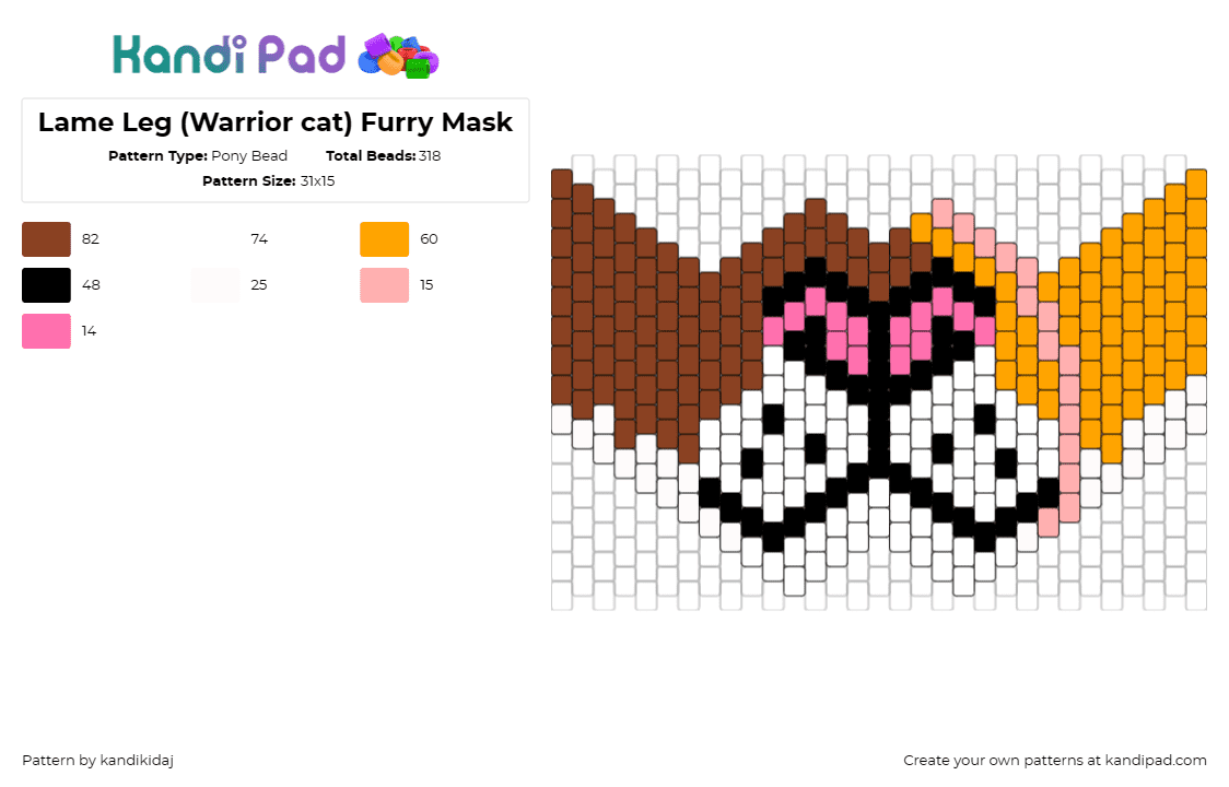 Lame Leg (Warrior cat) Furry Mask - Pony Bead Pattern by kandikidaj on Kandi Pad - lame leg,warrior cats,furry,animal,mask,story,brown,orange,white