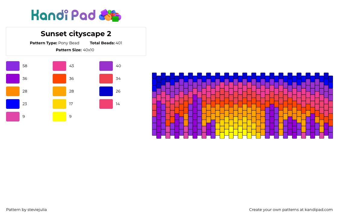 Sunset cityscape 2 - Pony Bead Pattern by steviejulia on Kandi Pad - sunset,landscape,city,colorful,gradient,cuff,yellow,purple,orange,pink