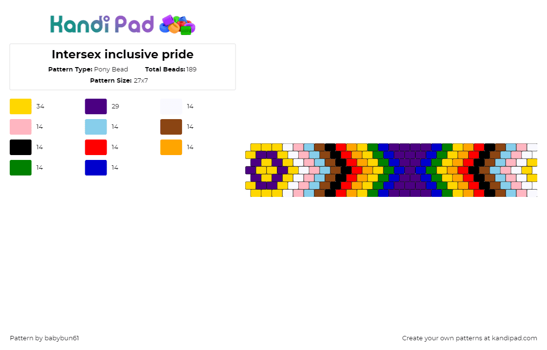 Intersex inclusive pride XL - Pony Bead Pattern by babybun61 on Kandi Pad - intersex,pride,inclusive,colorful,bracelet,cuff,purple,yellow