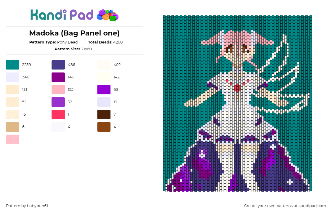 Madoka (Bag Panel one) - Pony Bead Pattern by babybun61 on Kandi Pad - madoka magica,anime,tv show,panel,bag,pink,white,teal,purple