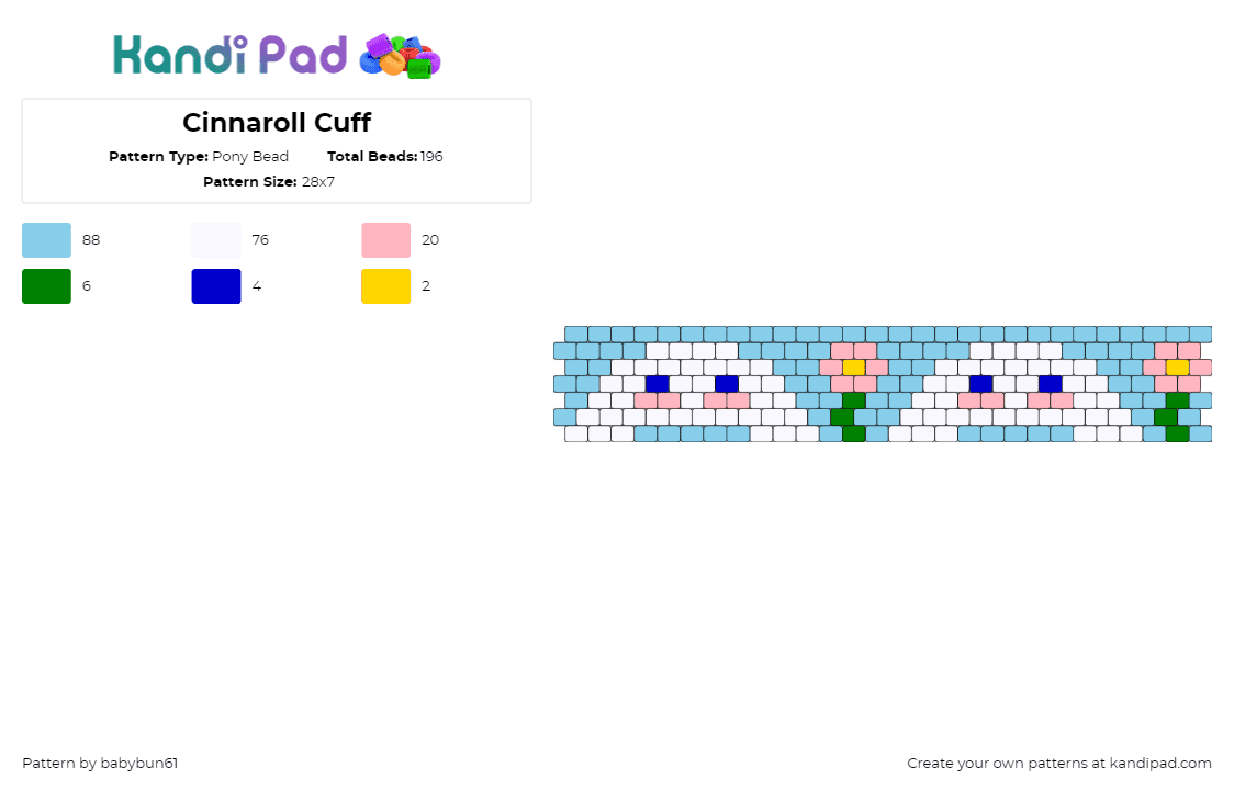 Cinnaroll Cuff XL - Pony Bead Pattern by babybun61 on Kandi Pad - cinnamoroll,sanrio,flowers,repeating,cute,cuff,spring,kawaii,white,light blue