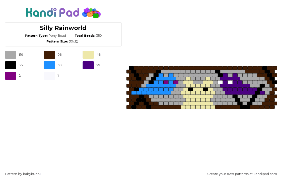 Silly Rainworld - Pony Bead Pattern by babybun61 on Kandi Pad - rain world,video game,spooky,cute,cuff,gray,beige,blue,brown