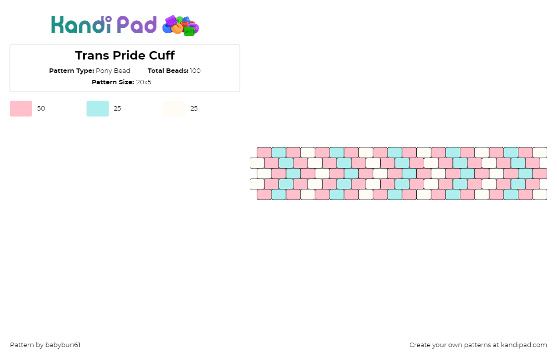 Trans Pride Cuff - Pony Bead Pattern by babybun61 on Kandi Pad - trans,pride,chevron,bracelet,cuff,pink,light blue,white