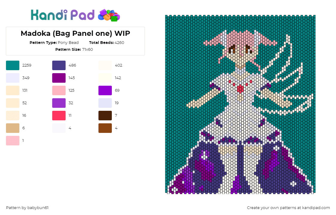 Madoka (Bag Panel one) WIP - Pony Bead Pattern by babybun61 on Kandi Pad - madoka magica,anime,tv show,panel,bag,pink,white,teal,purple