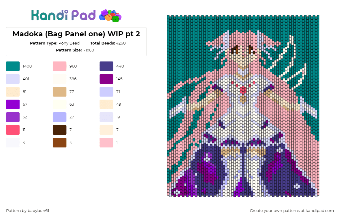 Madoka (Bag Panel one) WIP pt 2 - Pony Bead Pattern by babybun61 on Kandi Pad - madoka magica,anime,tv show,panel,bag,pink,white,teal,purple