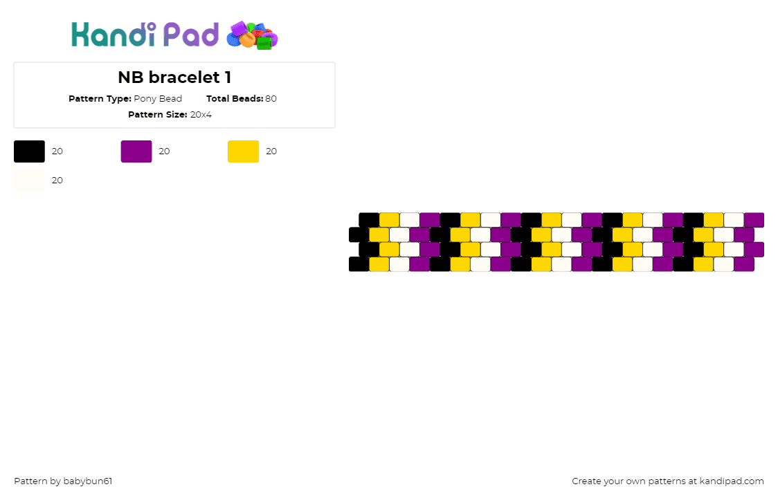 NB bracelet 1 - Pony Bead Pattern by babybun61 on Kandi Pad - nonbinary,pride,bracelet,cuff,purple,yellow,white