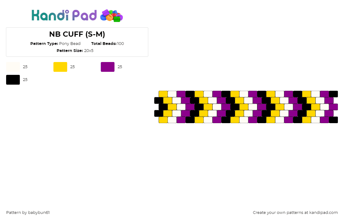 NB CUFF (S-M) - Pony Bead Pattern by babybun61 on Kandi Pad - nonbinary,chevron,pride,bracelet,cuff,purple,yellow,white