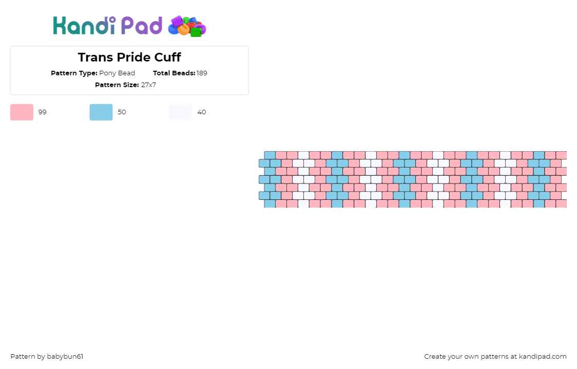 Trans Pride Cuff XL - Pony Bead Pattern by babybun61 on Kandi Pad - trans,pride,stripes,cuff,pastel,pink,light blue