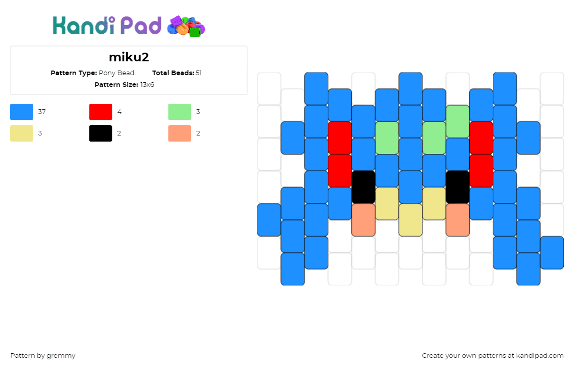 miku2 - Pony Bead Pattern by gremmy on Kandi Pad - hatsune miku,vocaloid,head,music,blue